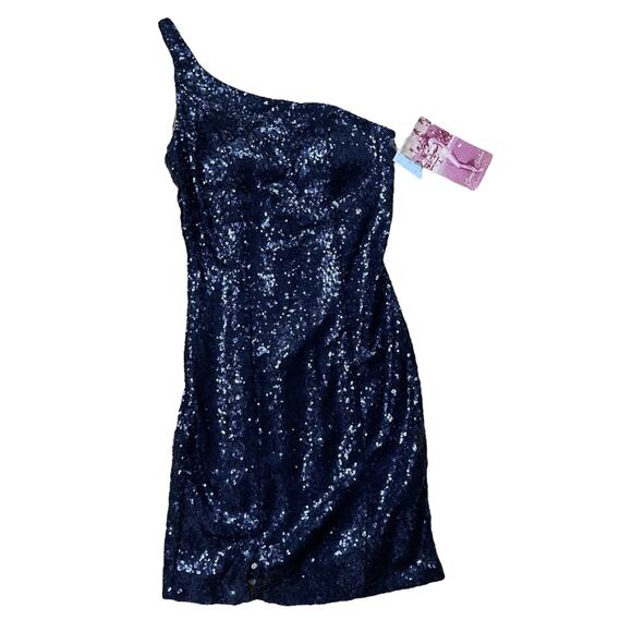 EMERALD SUNDAE Juniors One-Shoulder Sequin Lace Mini Dress Navy Size Medium - Picture 2 of 5